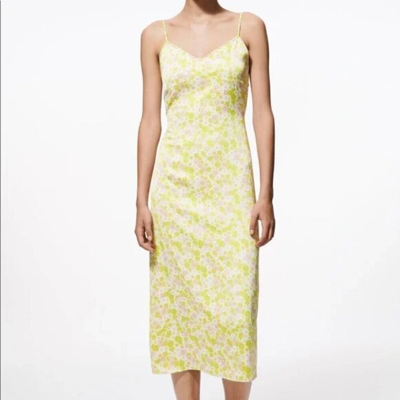 Zara Satin Effect Floral Open Back Midi Dress NWOT Size Small - Picture 2 of 9